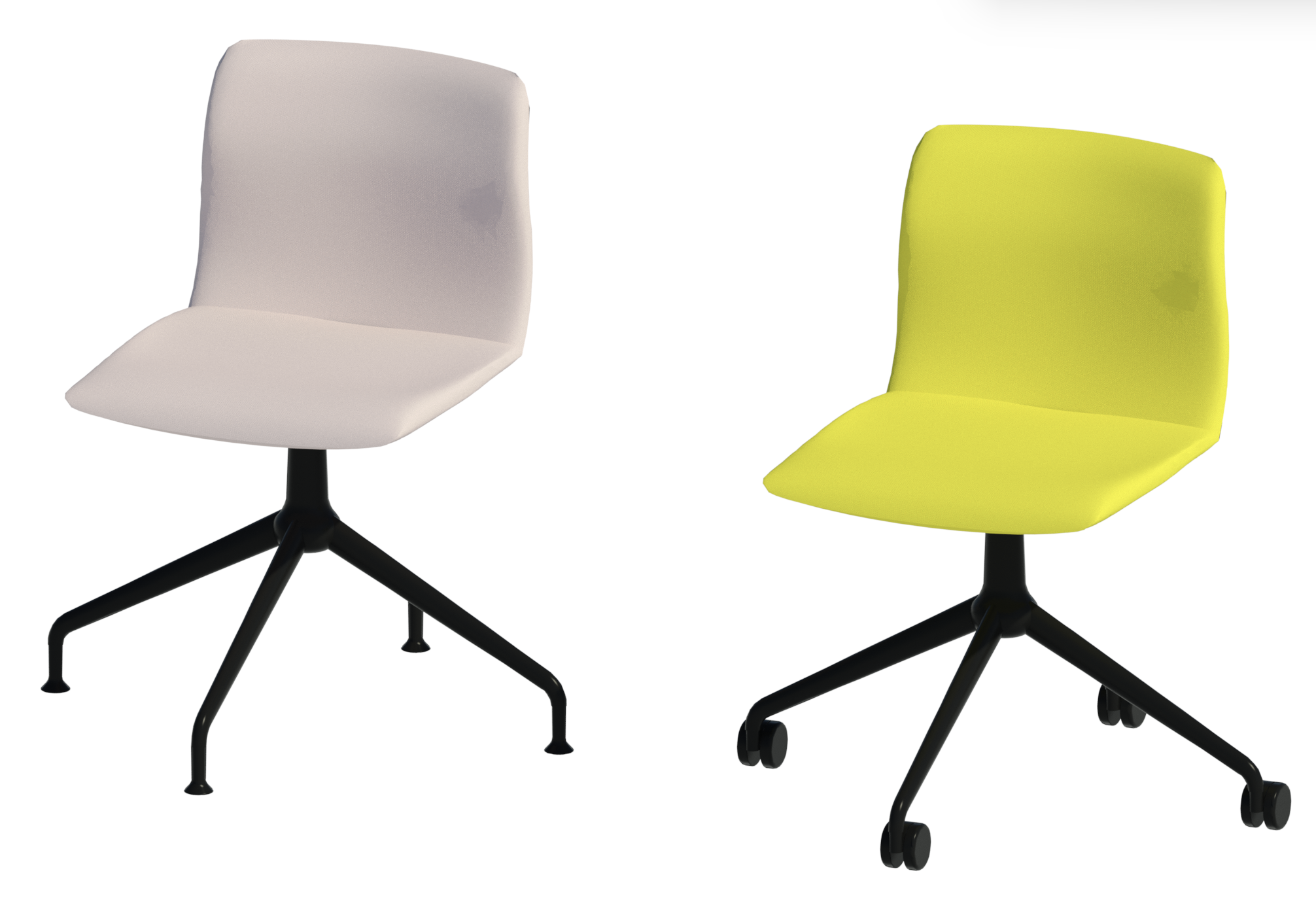 Render of two beige and yellow Pep chairs without armrests.